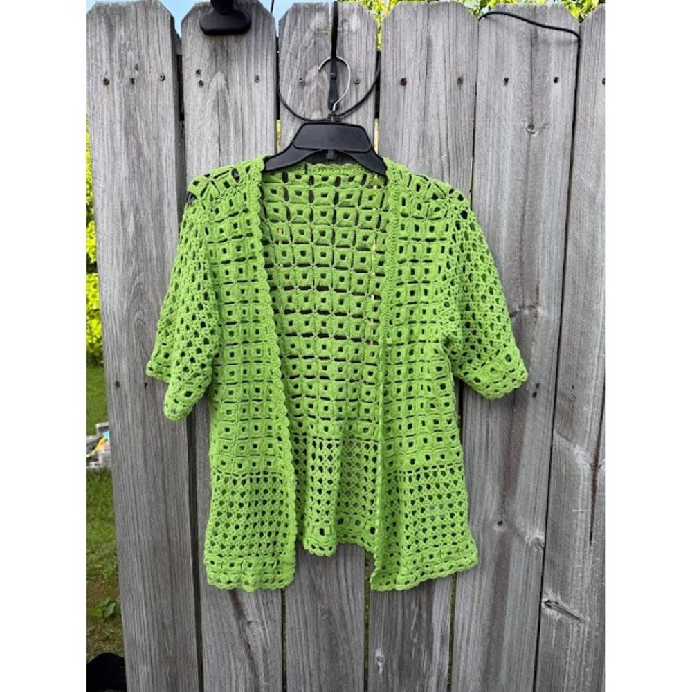 Lime Green Crochet Granny Square Open Front Cardigan Short Sleeve 9987K